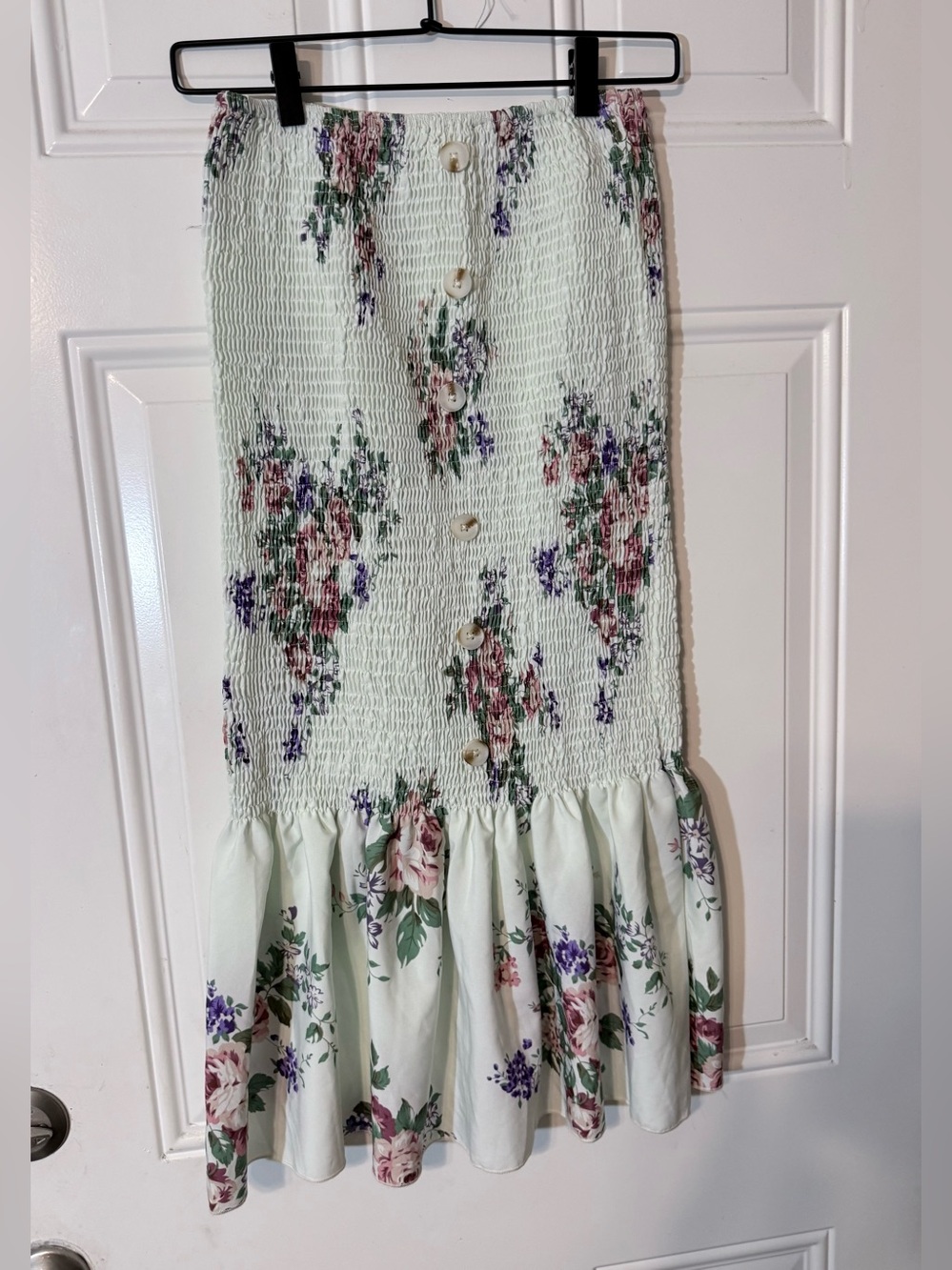SHEIN Mint Floral Smocked Midi Skirt with Button-Front Ruffle